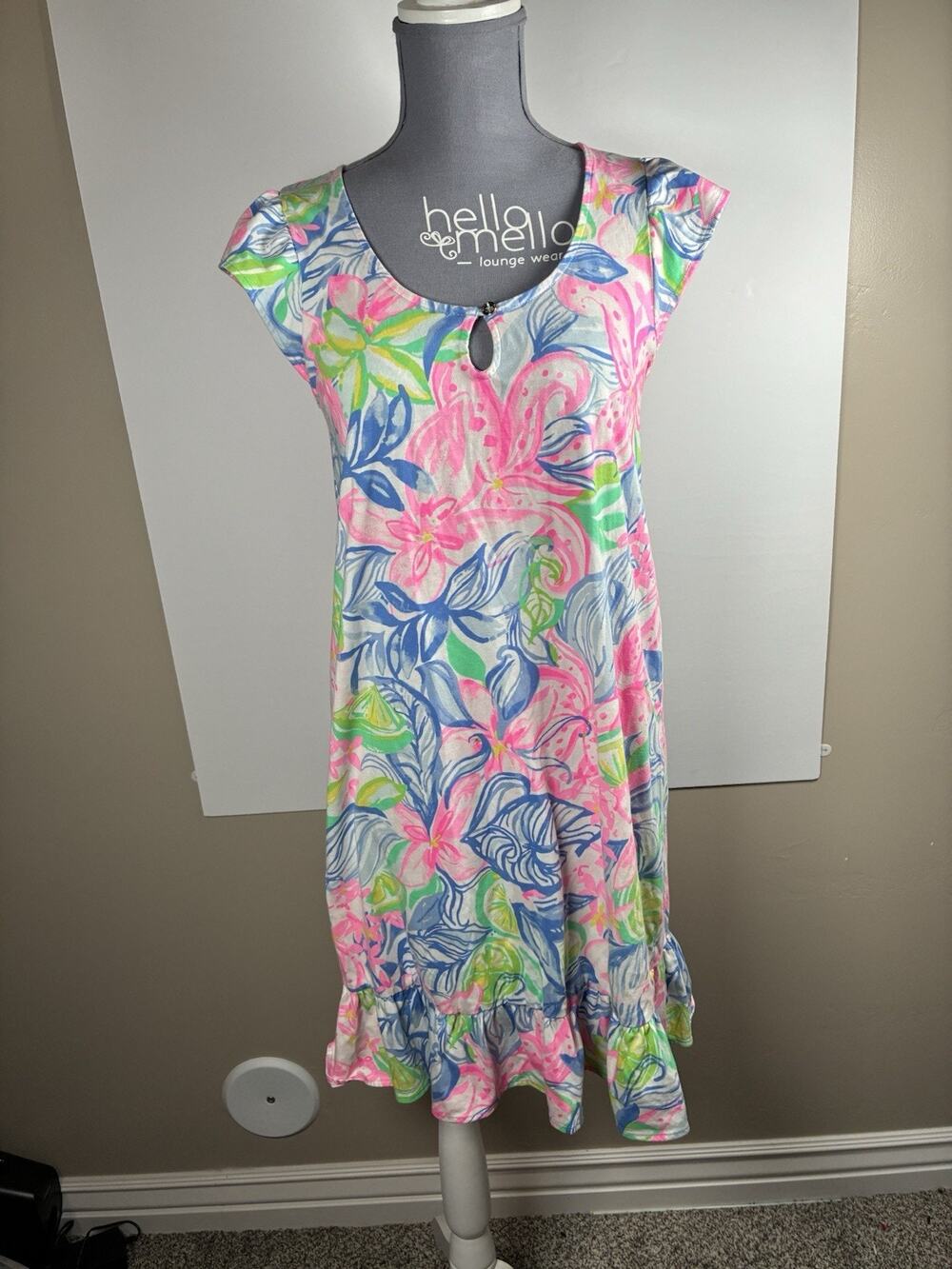 Lilly Pulitzer S 100% Cotton Shift Dress Pink Floral Keyhole Ruffle Hem Resort